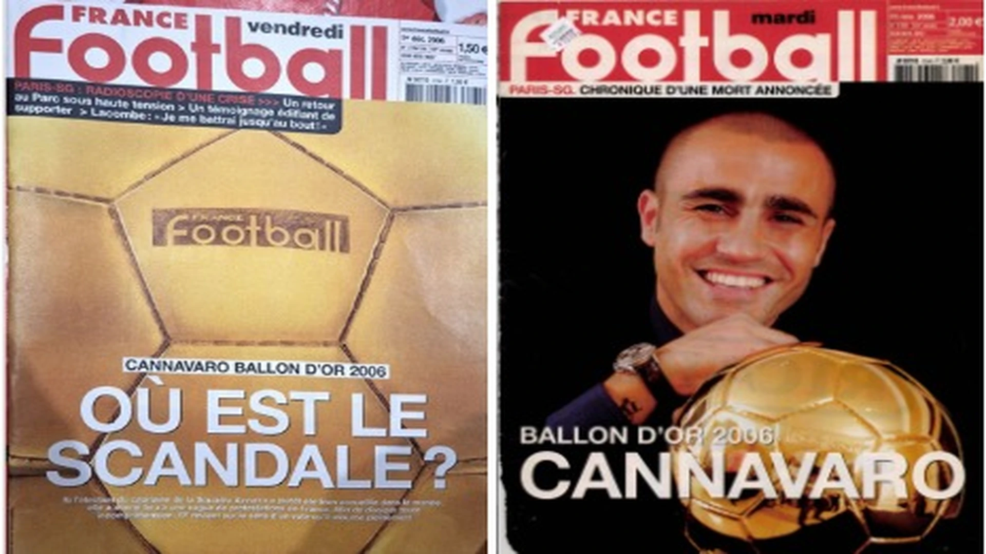 Le due riviste dedicate a Fabio Cannavaro con la giustificazione di France Football e la premiazione.