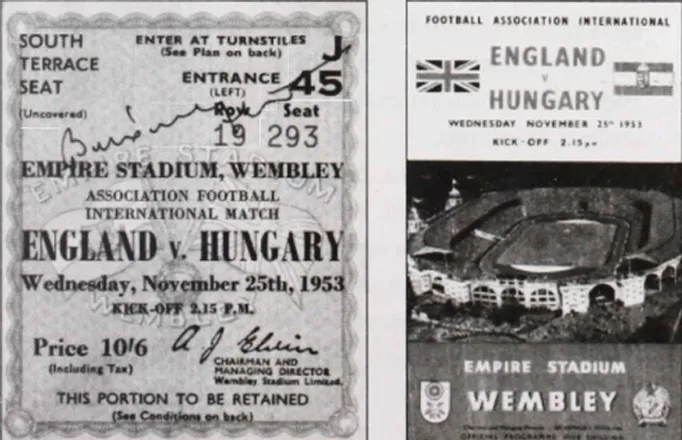Biglietto originale e programma ufficiale della partita Inghilterra–Ungheria disputata a Wembley il 25 novembre 1953.