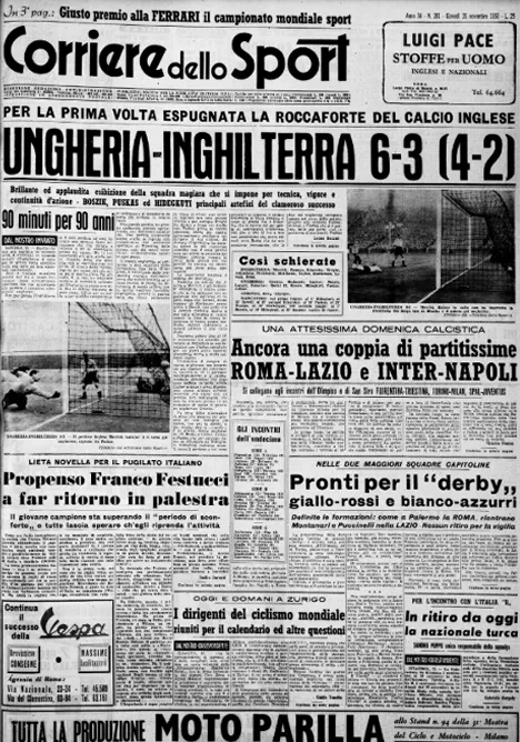 Prima pagina del Corriere dello Sport del 26 novembre 1953 con il titolo “Ungheria–Inghilterra 6–3”, dedicata alla storica vittoria magiara a Wembley.