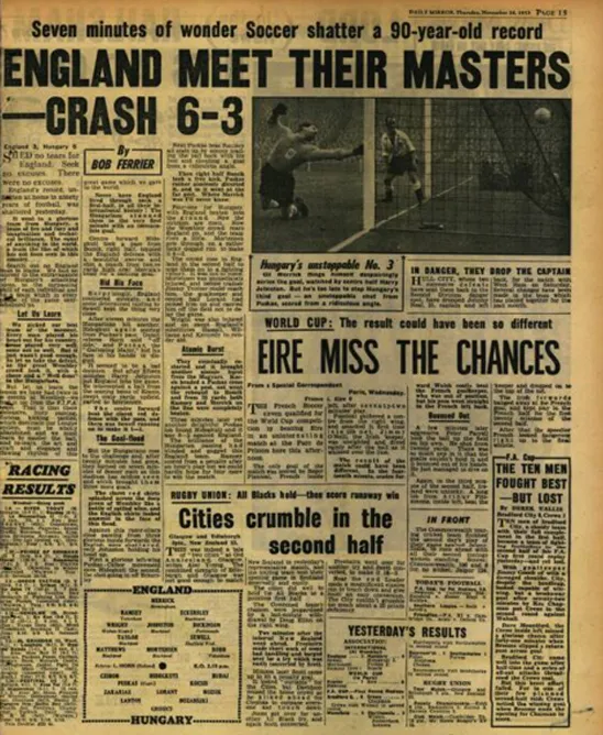 Front page del Daily Express del 26 novembre 1953 con il titolo “England Meet Their Masters – Crash 6–3”, reazione britannica alla sconfitta contro l’Ungheria.