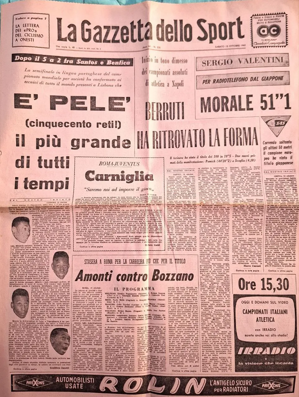 Prima pagina della Gazzetta dello Sport del 13 ottobre 1962 dedicata a Pelé dopo Santos-Benfica 5-2 in Coppa Intercontinentale.